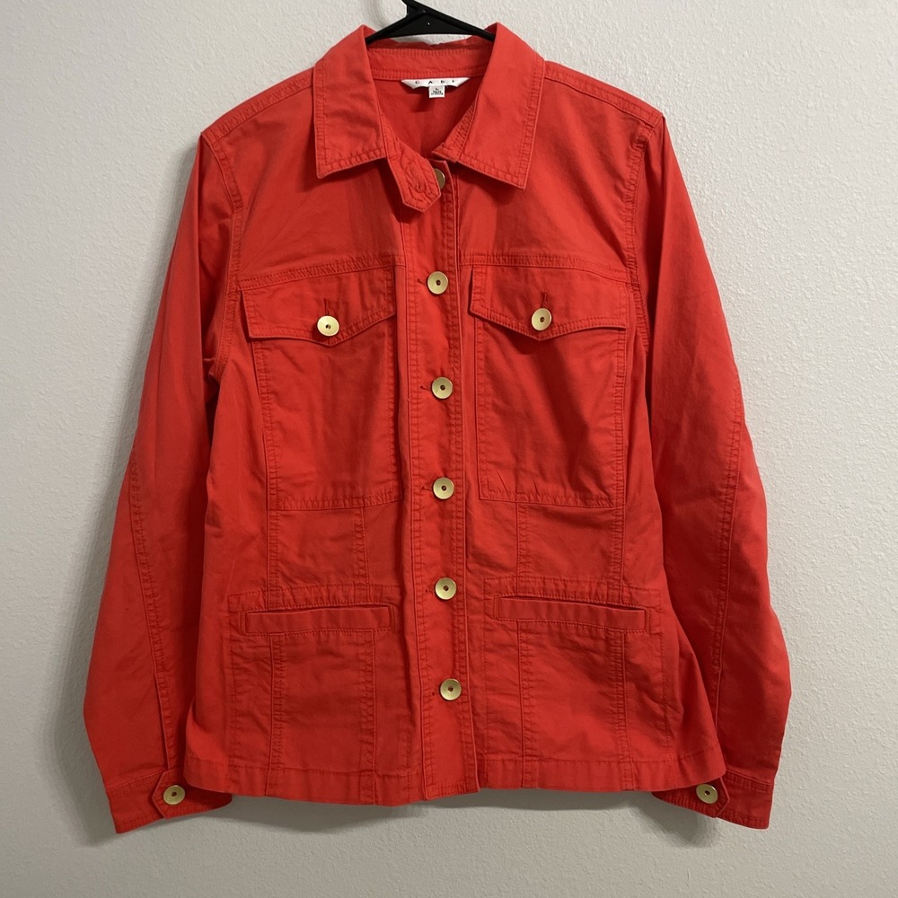 CAbi Taylor Utility Ruffle Back Red style Button‎ Down Jacket, size Large